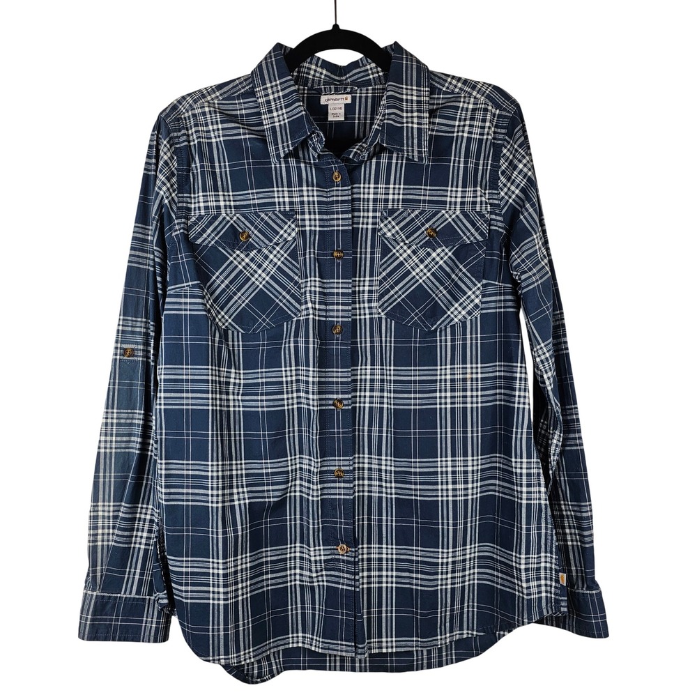 Carhartt Women's Navy Blue White Plaid Roll Tab Sleeve Button Down Shirt Size L